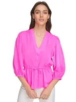 Dkny Women's Satin 3/4-sleeve Peplum Top In Shocking Pink