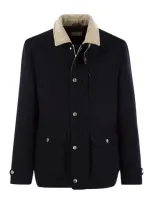 Brunello Cucinelli Outerwear In Beaver Double Wool With Corduroy Inserts In Navy Blue