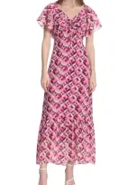 Donna Morgan For Maggy Geo Print Flutter Sleeve Maxi Dress In Pink/purple