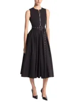 Michael Kors Zip-up Cotton Poplin Belted Midi Dress In Black