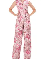 Kay Unger Cleo Metallic Floral Jacquard Jumpsuit In Azalea