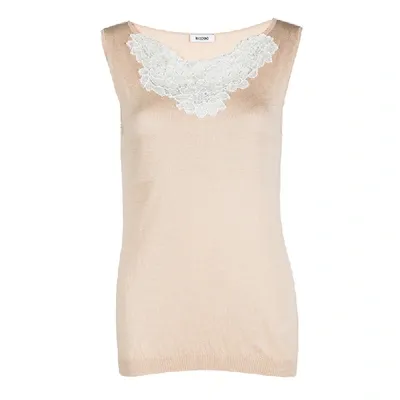 Pre-owned Moschino Beige Knit Lace Neck Trim Detail Sleeveless Top M