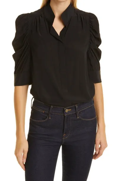 Frame Gillian Silk Collared Puff-sleeve Top In Noir