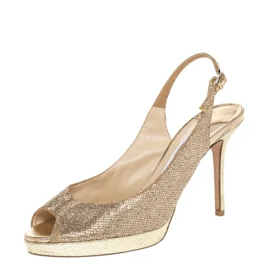 Pre-owned Jimmy Choo Gold Glitter And Lurex Fabric Nova Peep Toe Slingback Sandals Size 38.5