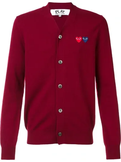 Comme Des Garçons Play Wool Double Heart Cardigan Sweater In Burgundy