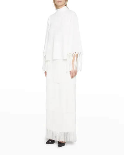 Andrew Gn Fringe-trim Turtleneck Flare-sleeve Top In Off White