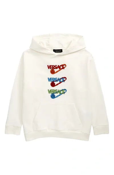 Versace Teen White Triple Print Safety Pin Logo Cotton Hoodie