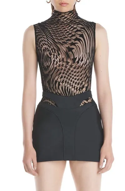 Mugler Star-print Mesh Bodysuit In Black