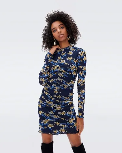 Diane Von Furstenberg Reversible Ruched Floral-print Stretch-mesh Mini Dress In Tiny Paris Floral Navy And Tiny 