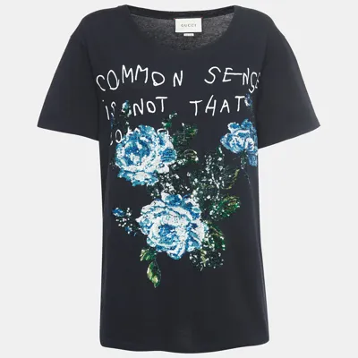 Pre-owned Gucci Black Sequined Embroidered Cotton T-shirt S