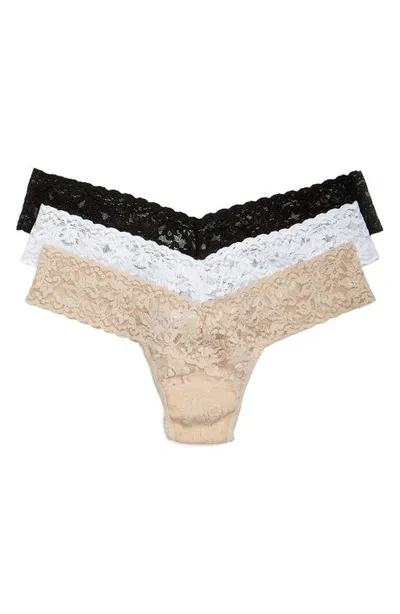 Hanky Panky Signature Set Of Three Low-rise Stretch-lace Thongs In Neutral