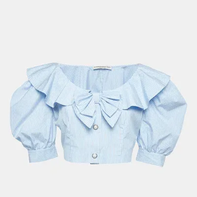 Pre-owned Alessandra Rich Stripe Cotton Bow Detail Crop Top M In Blue