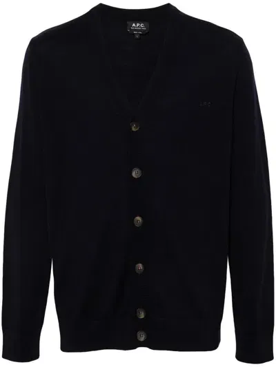 Apc Logo-embroidered Wool Cardigan In Blue