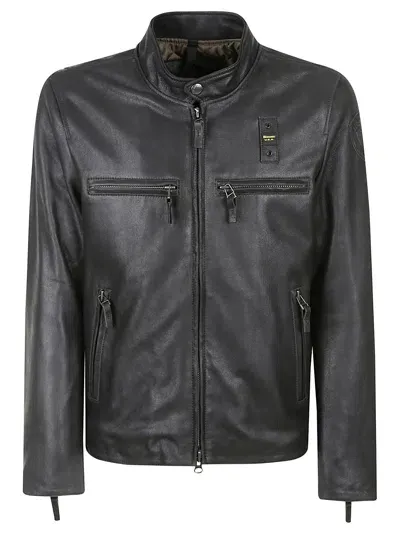 Blauer Band Collar Zipped Biker Jacket In Black