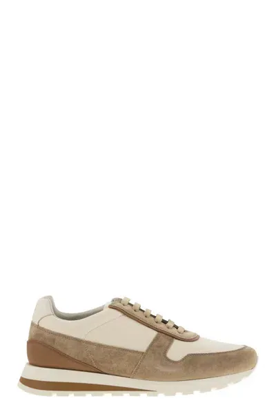 Brunello Cucinelli Runners In Grained Calfskin And Washed Suede In Cream,beige