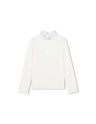 Chloé Kids' White T-shirt With Logo And Ruffles In Bianco Sporco