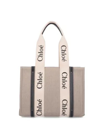 Chloé Woody Medium Linen Leather Tote Bag In Beige