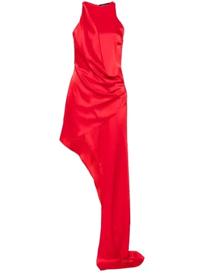 David Koma Asymmetric Satin Draped Gown In Red