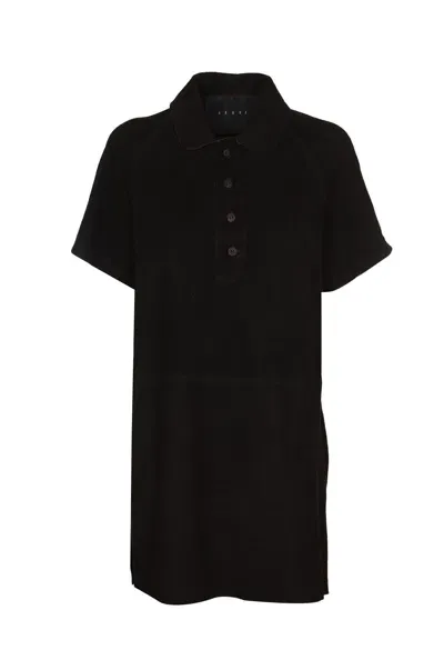 Dfour Button Placket Velvet Long Polo Shirt In Black