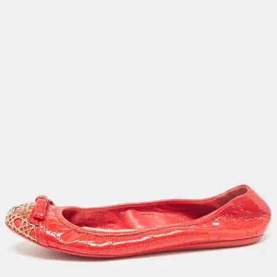 Pre-owned Dior Red Cannage Patent Leather Bow Ballet Flats Size 38.5