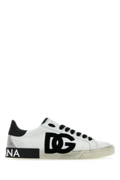 Dolce & Gabbana Portofino White And Black Low Top Sneakers With Logo Patch And Used Effect In Leather Man In Multicolor