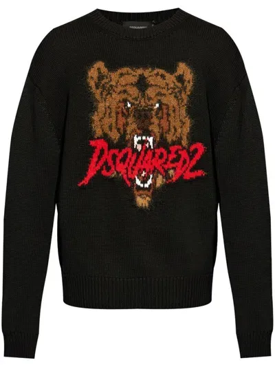 Dsquared2 Intarsia Knit-logo Wool-blend Jumper In Nero