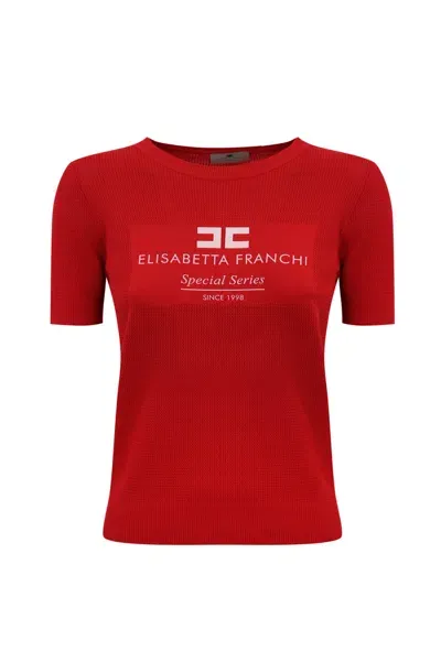 Elisabetta Franchi Net Stitch Viscose Sweater With Intarsia Logo In Red