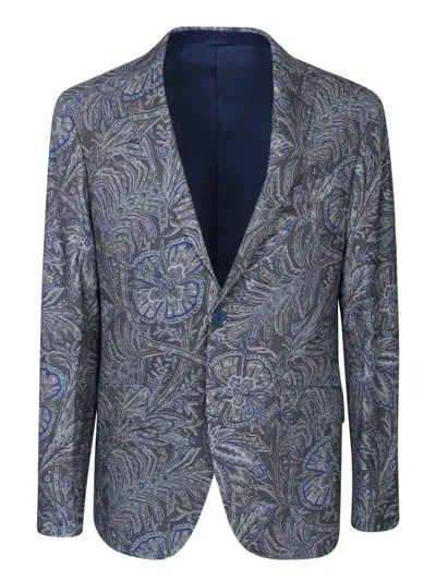 Etro Floral Printed Single Breasted Blazer In Blue