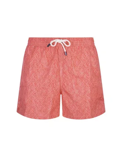 Fedeli Red Swim Shorts With Flower And Leaf Pattern