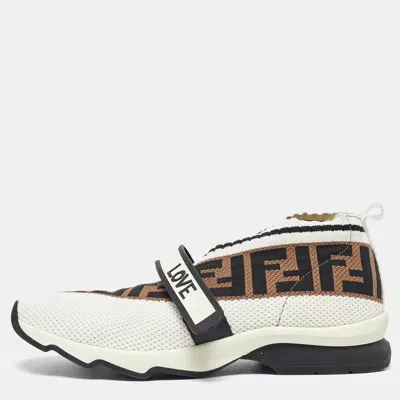 Pre-owned Fendi White/brown Monogram Mesh Rockoko Velcro Strap Low Top Sneakers Size 39