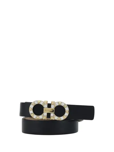 Ferragamo Reversible Belt With Gancini Rhinestones In Black