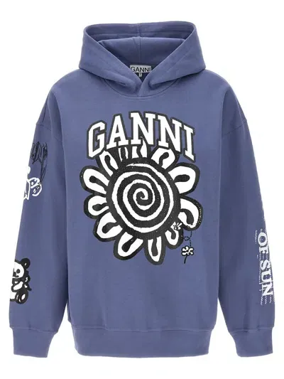 Ganni Floral Printed Hoodie In Blue