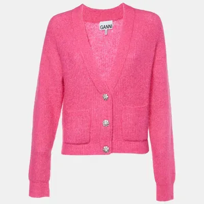 Pre-owned Ganni Pink Alpaca Wool Knit Crystal Button Detail Cardigan S