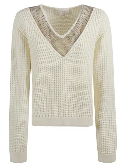 Genny Knitted V-neck Sweater In Cream