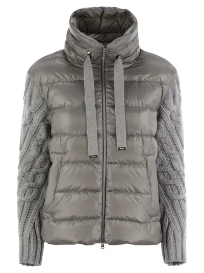 Herno Pearl Grey Down Jacket With Wool Sleeves