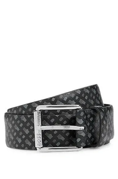 Hugo Boss Italian-leather Belt With Monogram Print In Gray