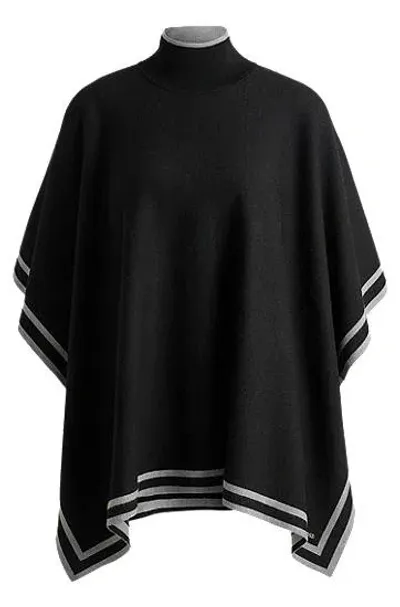 Hugo Boss Reversible Poncho In Virgin Wool With Striped Border In Black