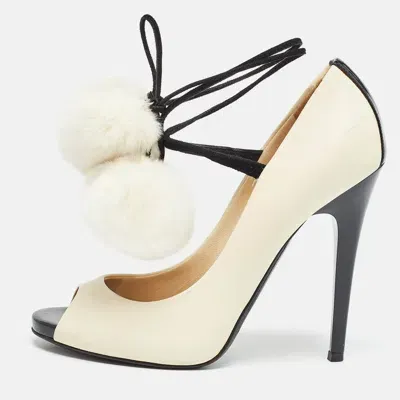 Pre-owned Jimmy Choo White/black Fur And Leather Open Toe Pumps Size 38 In Cream