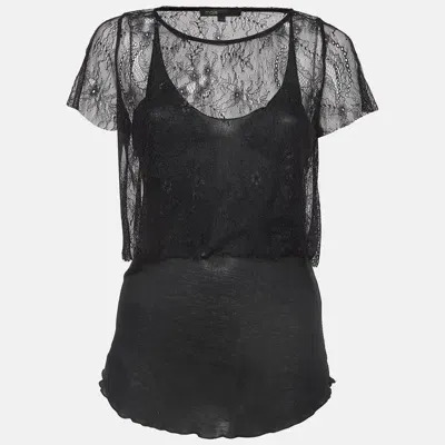 Pre-owned Maje Black Patterned Lace And Knit Layered Top L