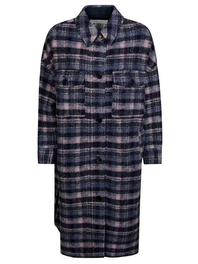 Marant Etoile Long-sleeved Checked Coat In Lilac/navy