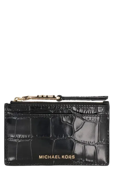 Michael Michael Kors Printed Leather Card Holder In Black