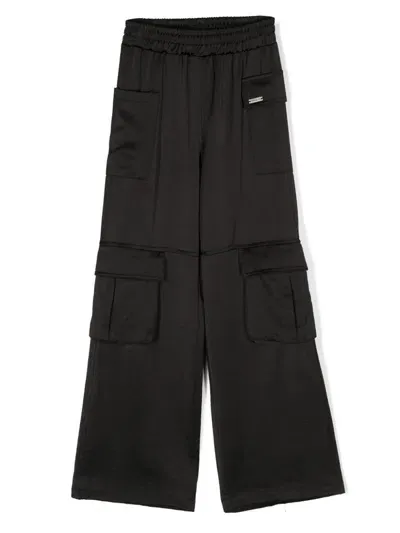 Monnalisa Kids' Elasticated-waist Satin Cargo Trousers In Black