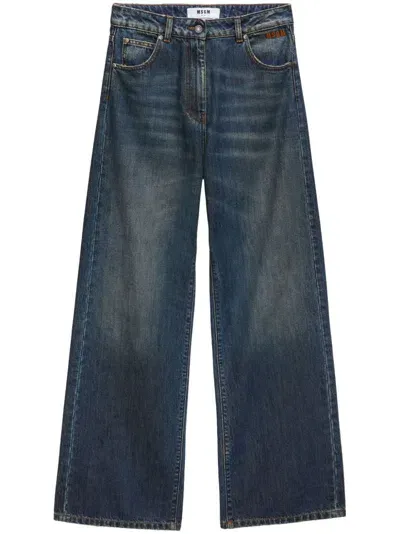 Msgm Logo-embroidered Wide-leg Jeans In Blue