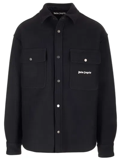 Palm Angels Black Wool Overshirt With Logos