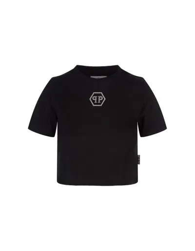 Philipp Plein Crystal Hexagon Round Neck Ss T-shirt In Black