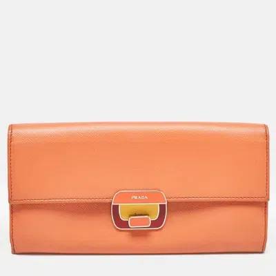 Pre-owned Prada Orange Leather Pushlock Flap Continental Wallet