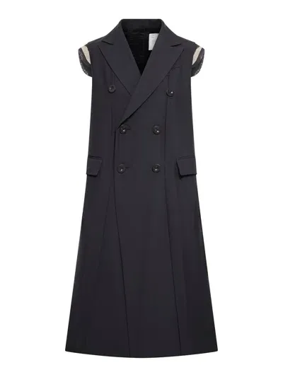 Sacai Double Breasted Sleeveless Long Vest In Black