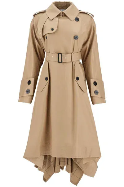 Sacai In Pelle Gabardine Trench In Brown