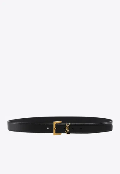 Saint Laurent Cassandre-logo Leather Belt In Black