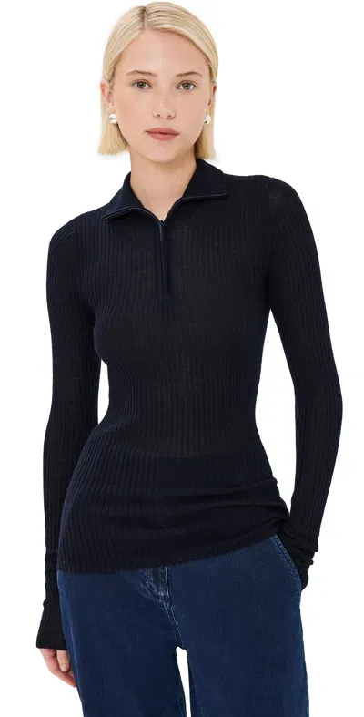 Tibi Feather Weight Ribbed Turtleneck Zip Up Sweater Navy